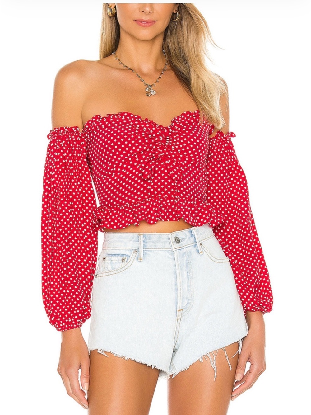Lovers + Friends Red Polka Dot Off-Shoulder Crop Top